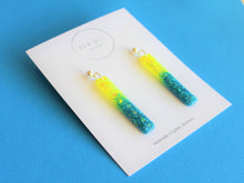 Load image into Gallery viewer, GLITTER STICKS - Neon Yellow and Blue Dangle with silver ball top
