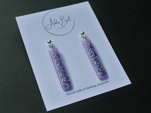 Load image into Gallery viewer, Glitter Sticks LAVENDER Glass Flakes Dangle with rose gold ball top
