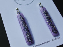 Load image into Gallery viewer, Glitter Sticks LAVENDER Glass Flakes Dangle with rose gold ball top
