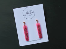 Load image into Gallery viewer, Glitter Sticks BABY PINK Glass Flakes Dangle with rose gold ball top
