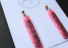 Load image into Gallery viewer, Glitter Sticks BABY PINK Glass Flakes Dangle with rose gold ball top
